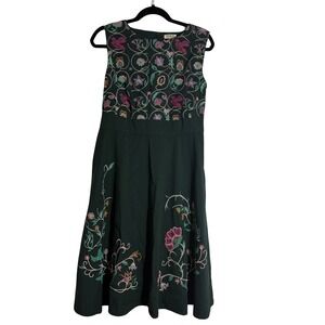 IVKO Women's Dark Green Sleeveless Embroidered Floral A Line Dress